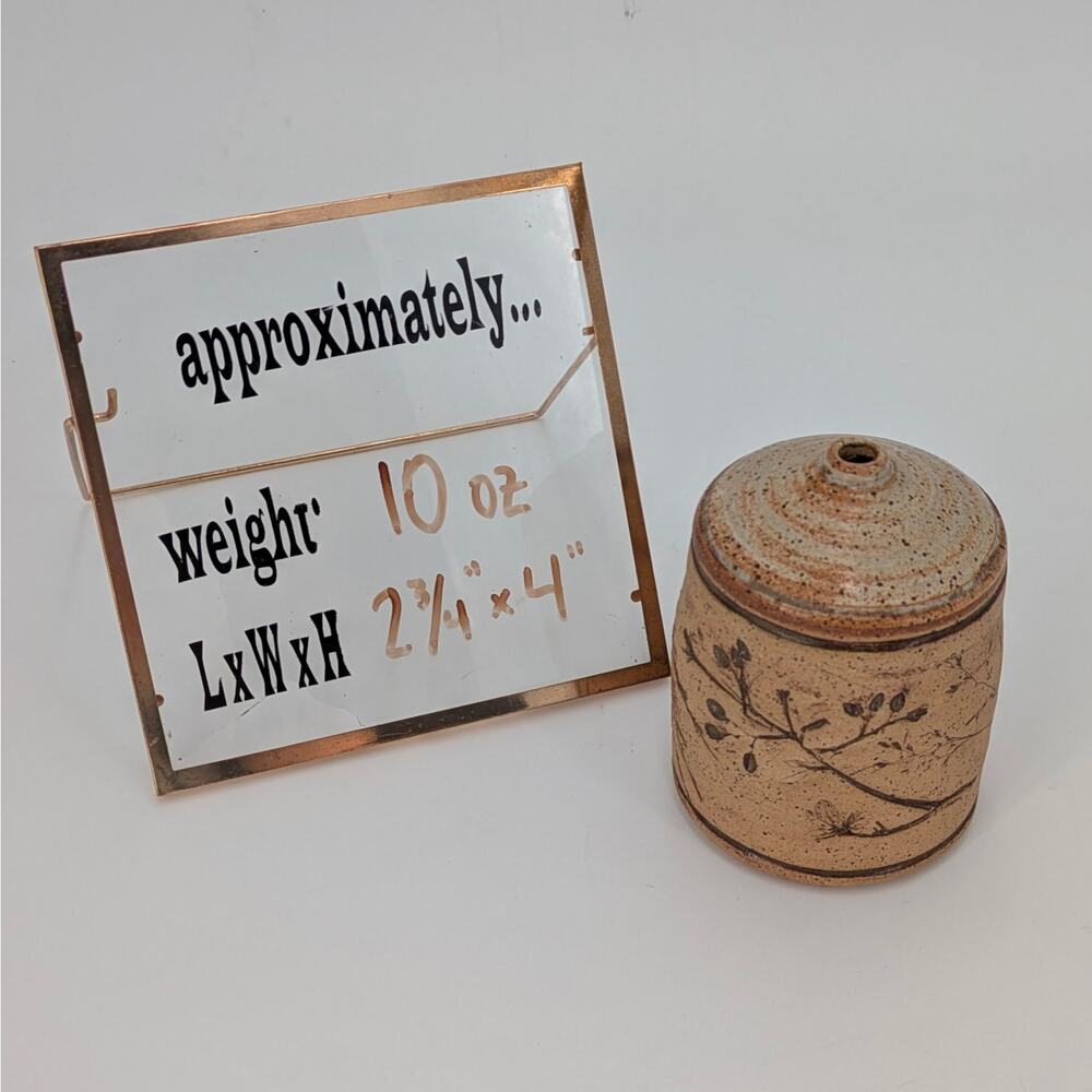 VTG Studio Pottery Bud Vase Hand Thrown Stoneware Etched Botanical Artist Signed